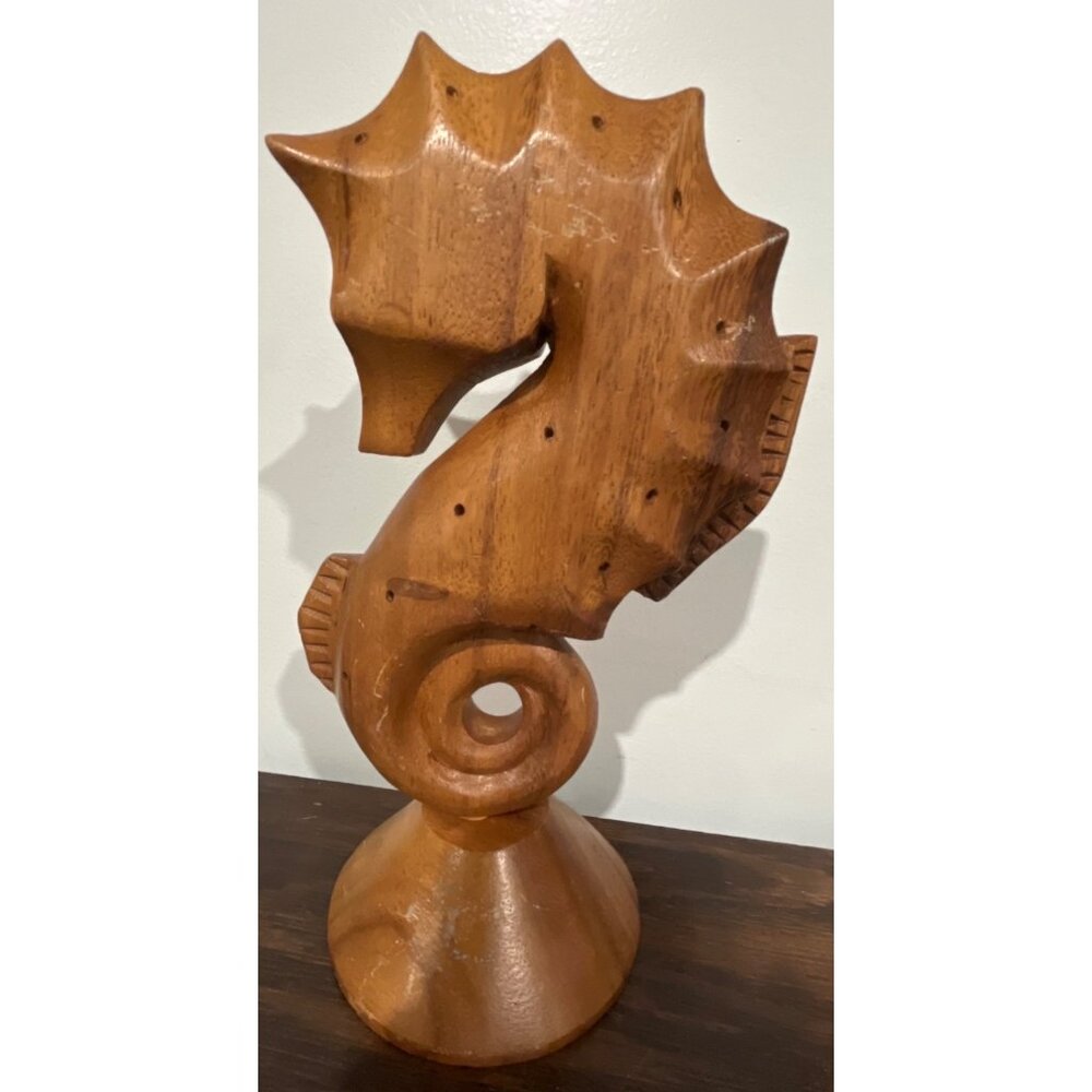 VTG MCM Hand-Carved Wooden Seahorse Toothpick Holder Appetizer Monkey Pod Wood